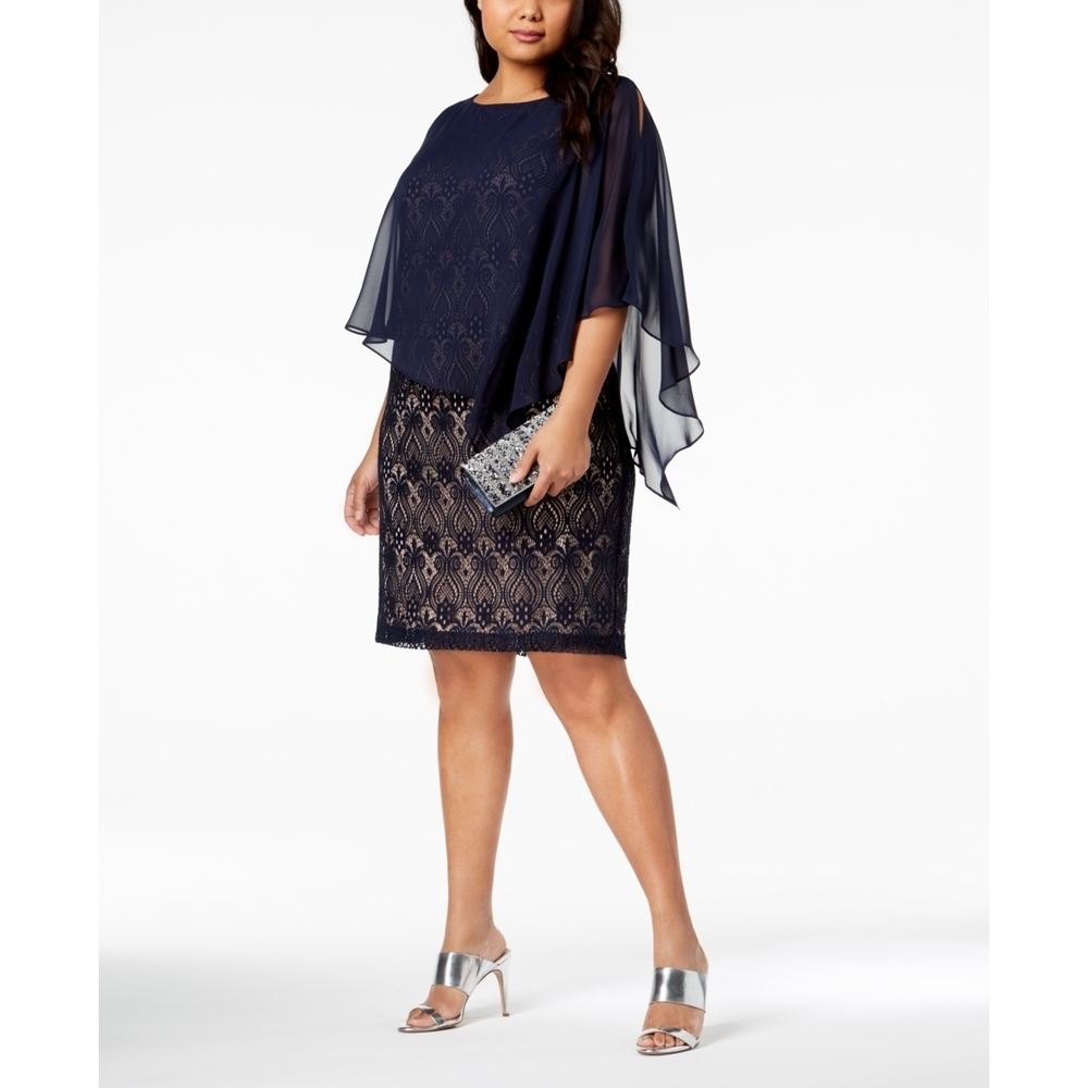 NWT Connected Women’s Plus Size Lace Chiffon Sheath Dress 18W Navy